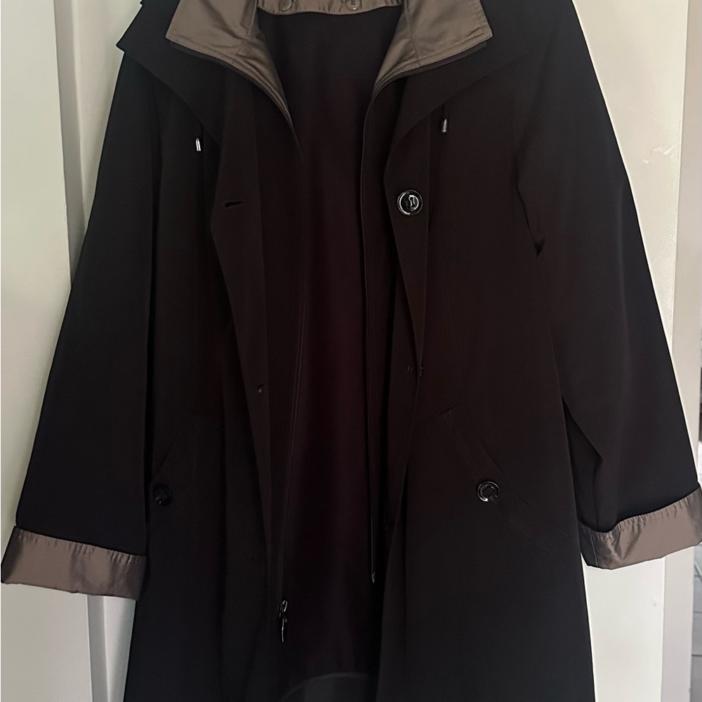 Gallery Black Trench Coat with Brown Accents - Water Resistant